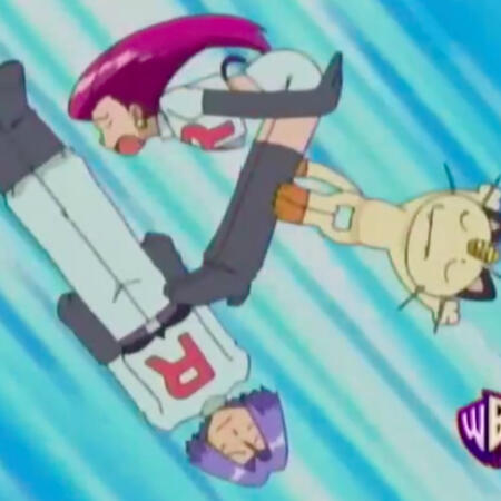team rocket in the air forming an R shape